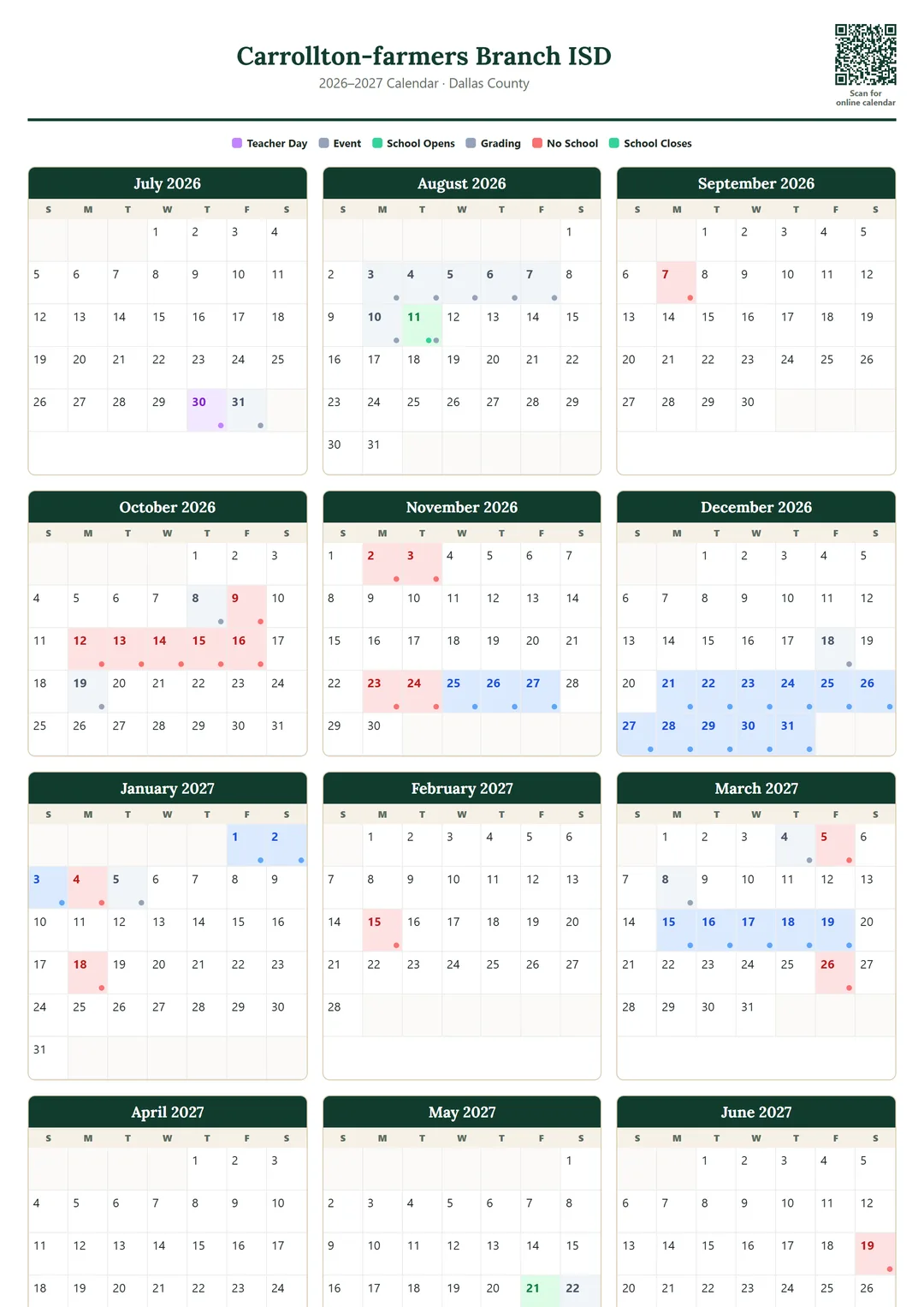 Carrollton-farmers Branch ISD printable 2026–2027 calendar