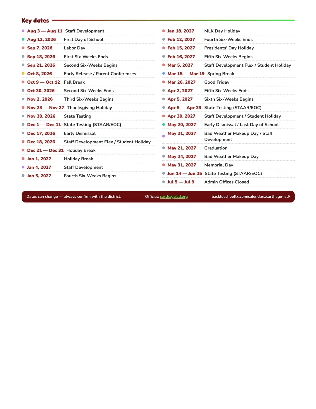 Carthage ISD Calendar for the Year 26-27 — key dates