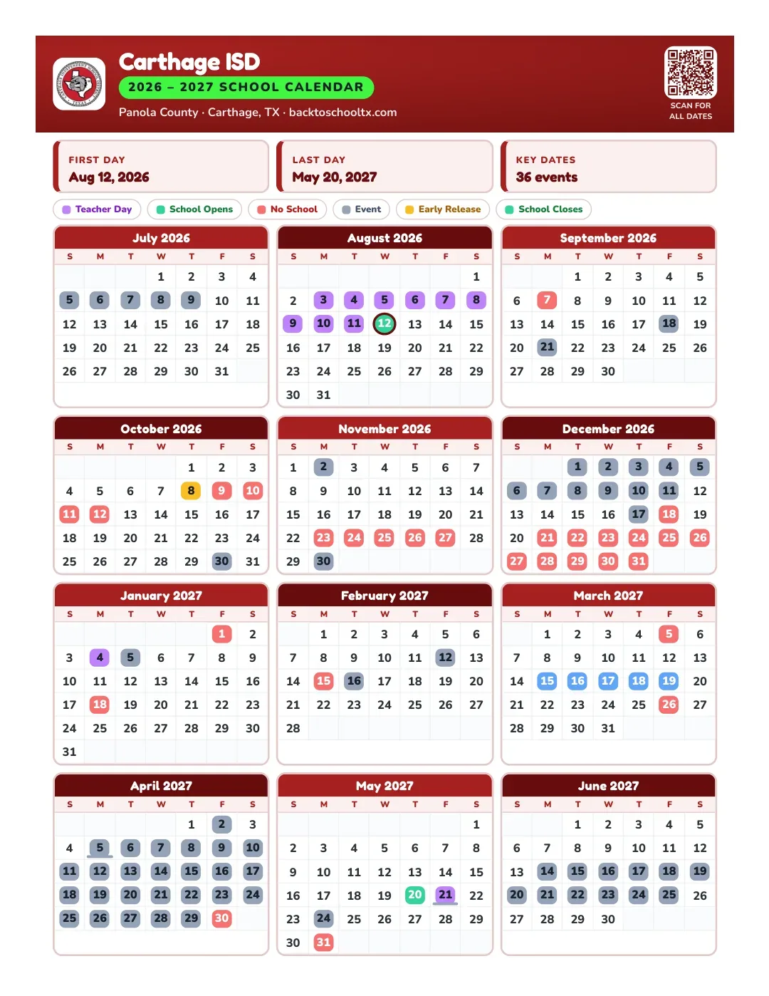 Carthage ISD Calendar for the Year 26-27