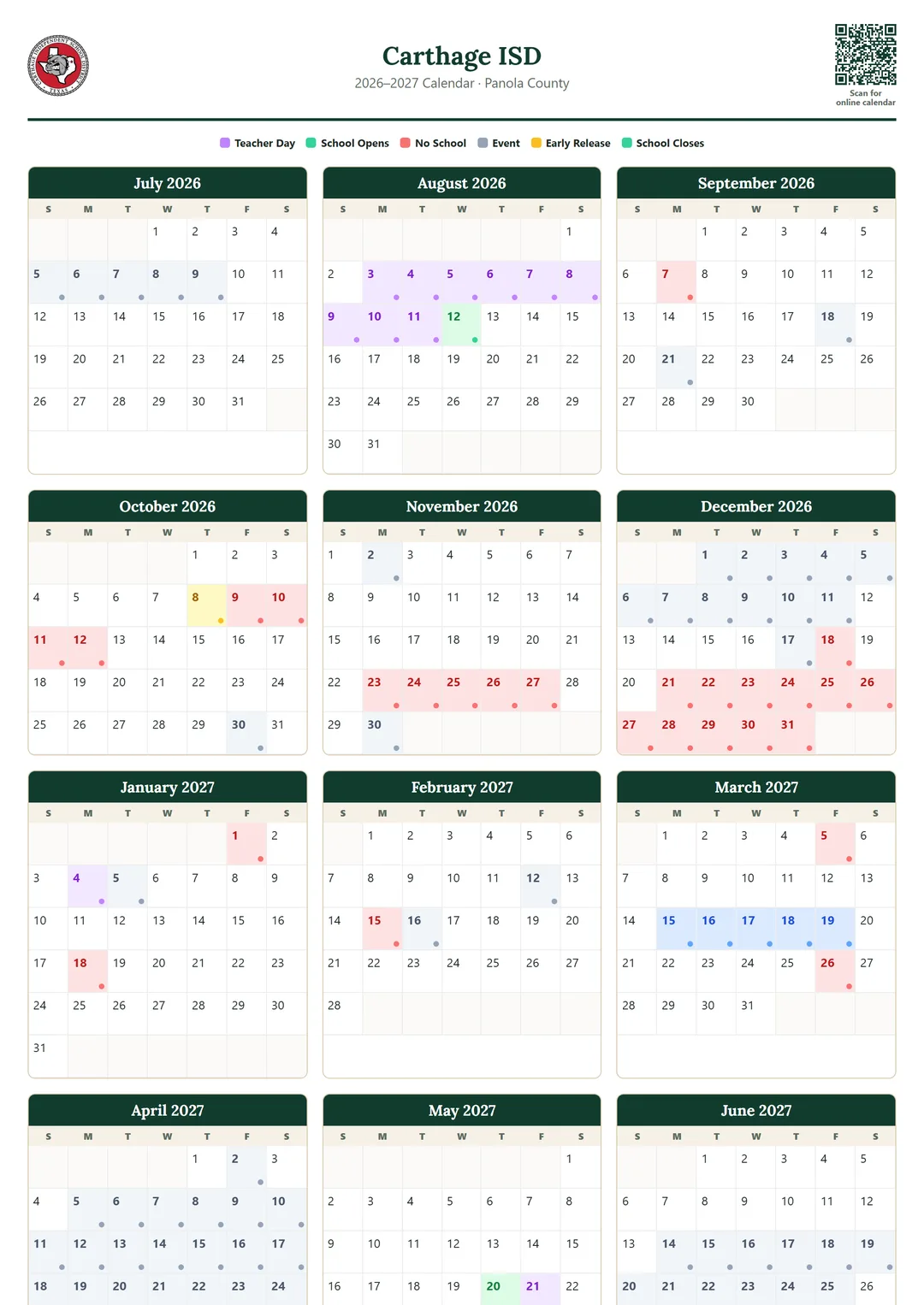 Carthage ISD printable 2026–2027 calendar