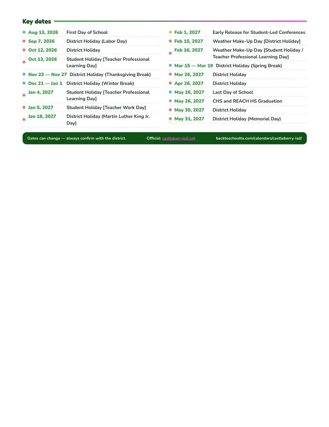 Castleberry ISD Calendar for the Year 26-27 — key dates