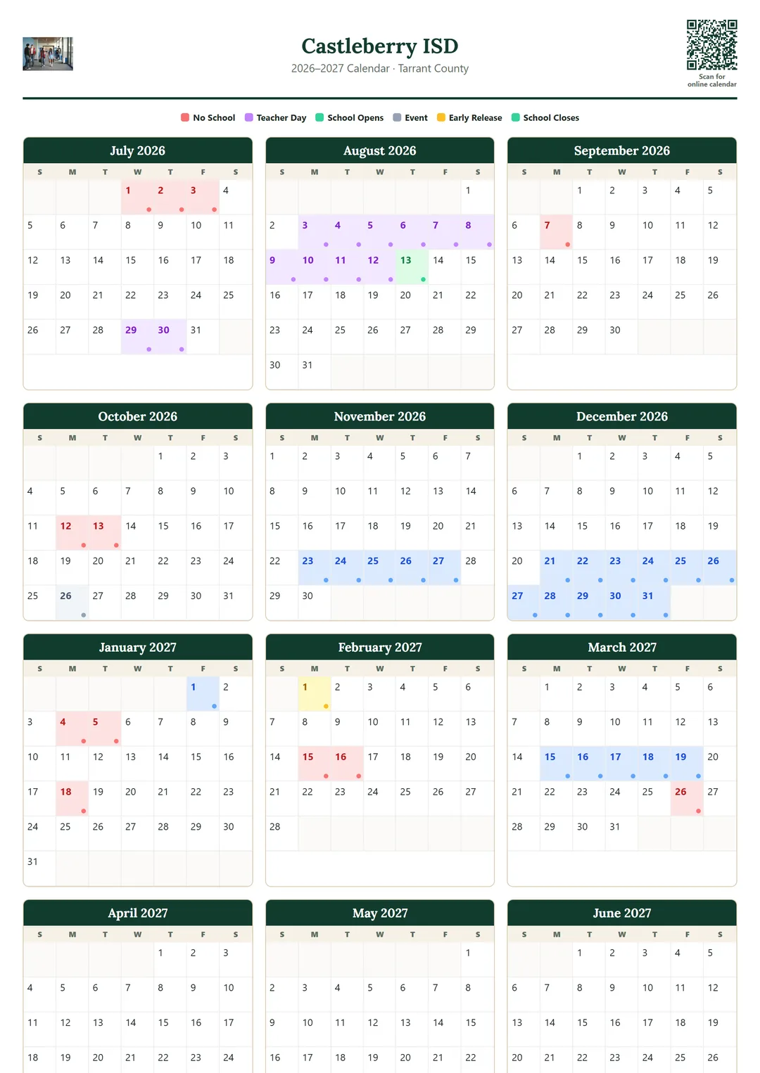 Castleberry ISD printable 2026–2027 calendar