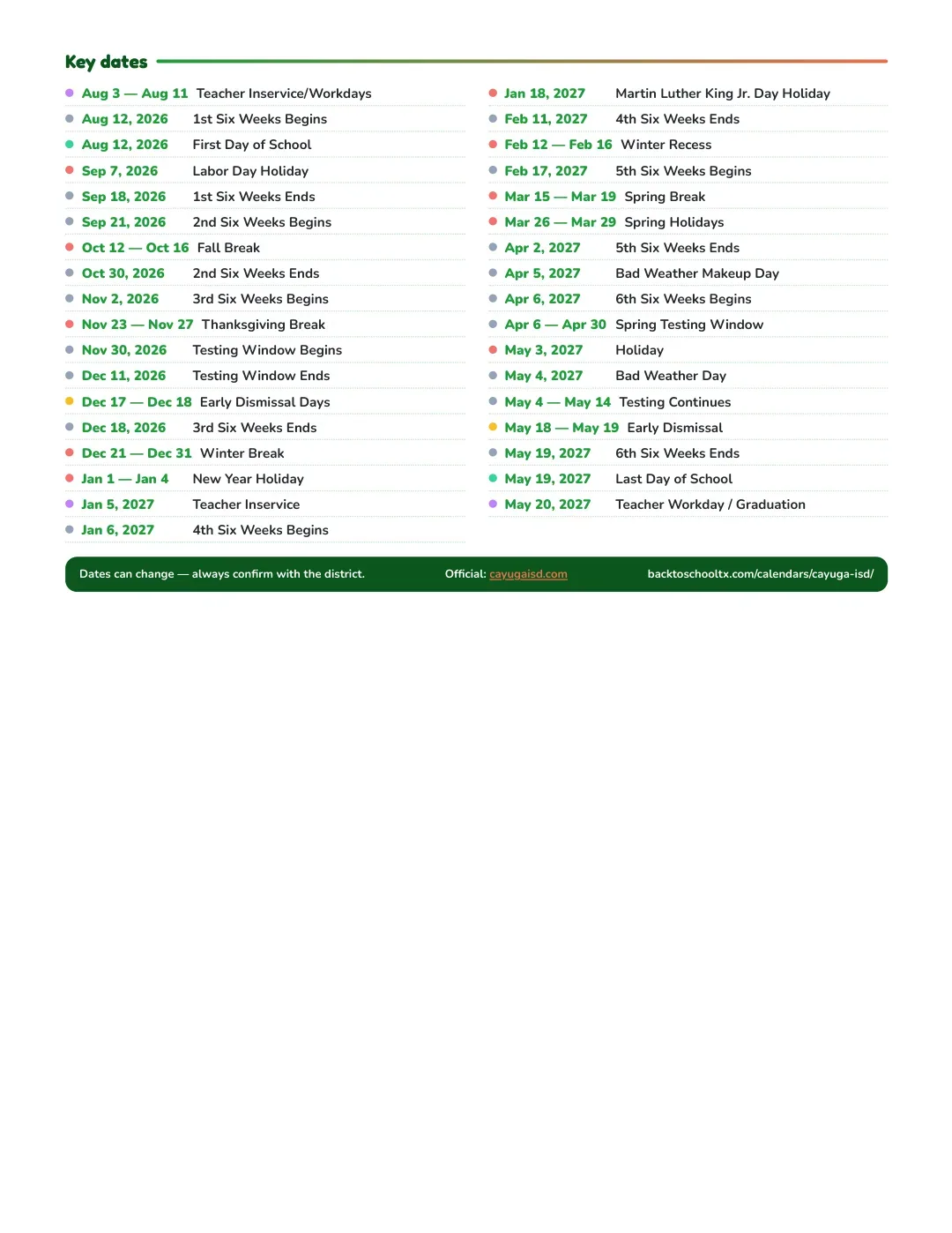 Cayuga ISD Calendar for the Year 26-27 — key dates