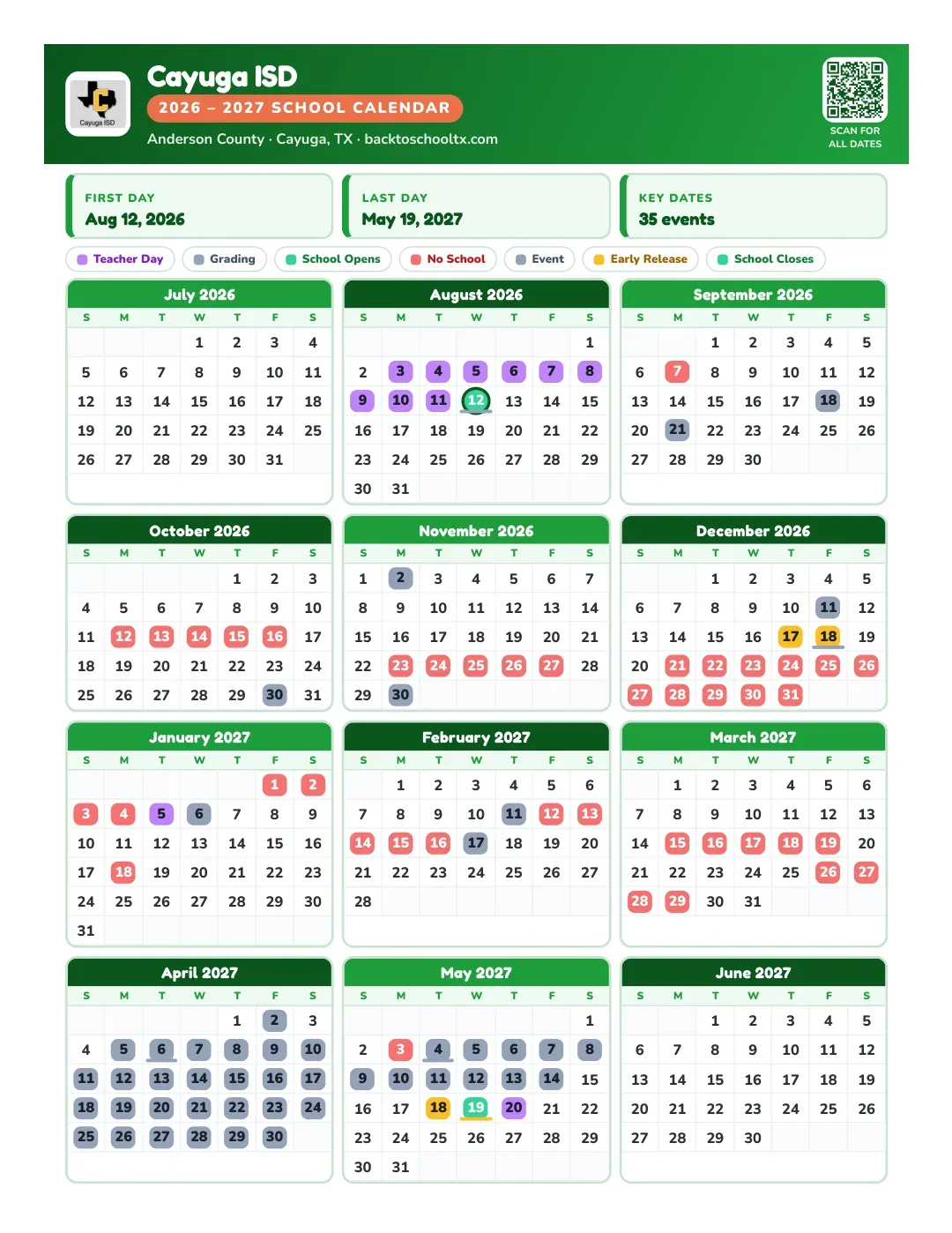 Cayuga ISD Calendar for the Year 26-27