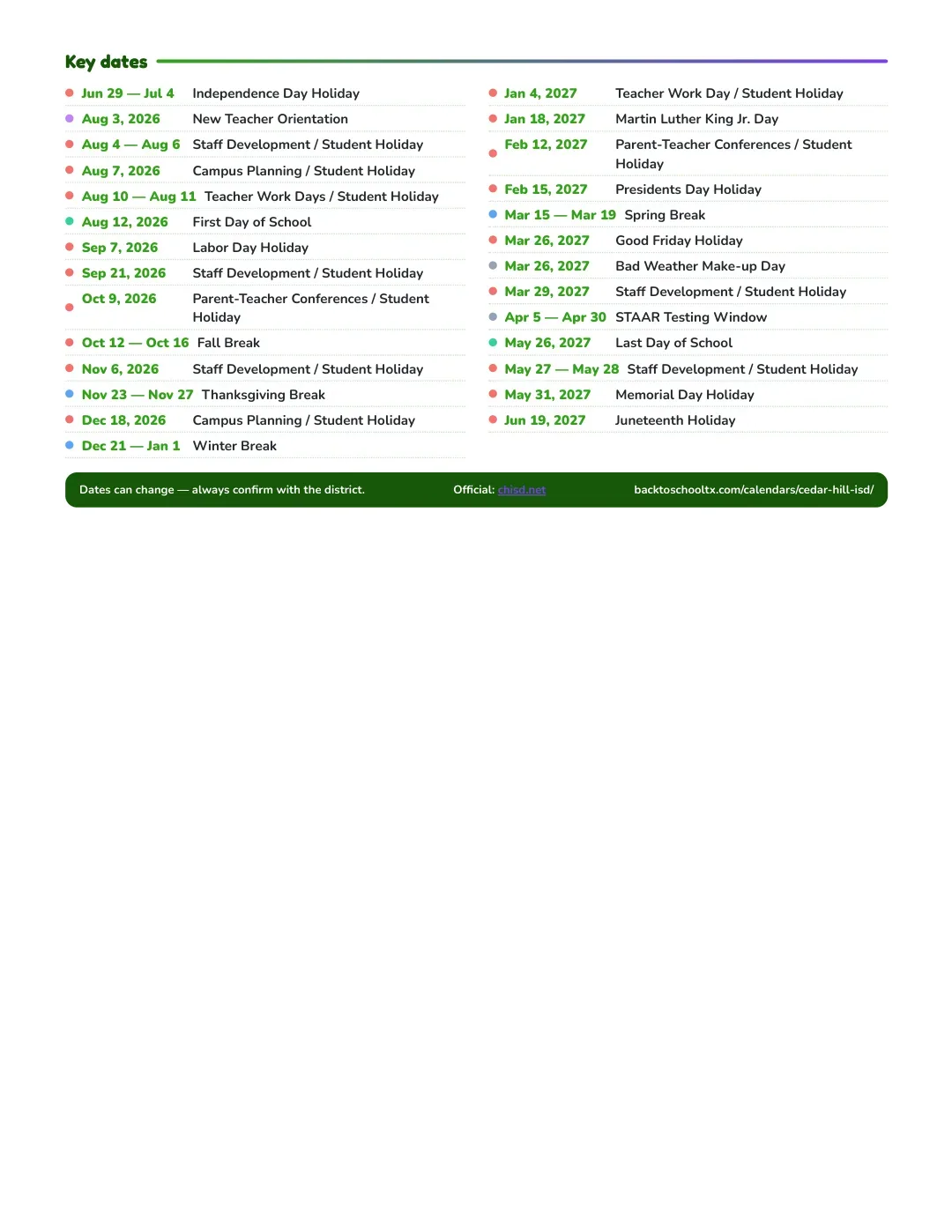 Cedar Hill ISD Calendar for the Year 26-27 — key dates