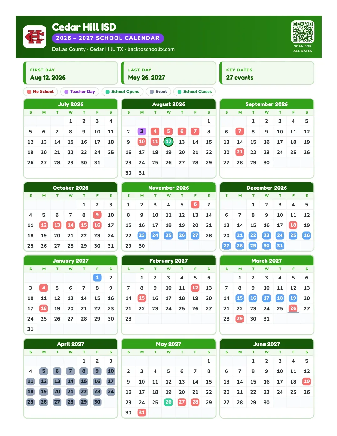 Cedar Hill ISD Calendar for the Year 26-27