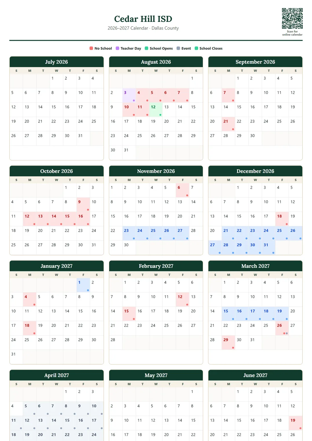Cedar Hill ISD printable 2026–2027 calendar