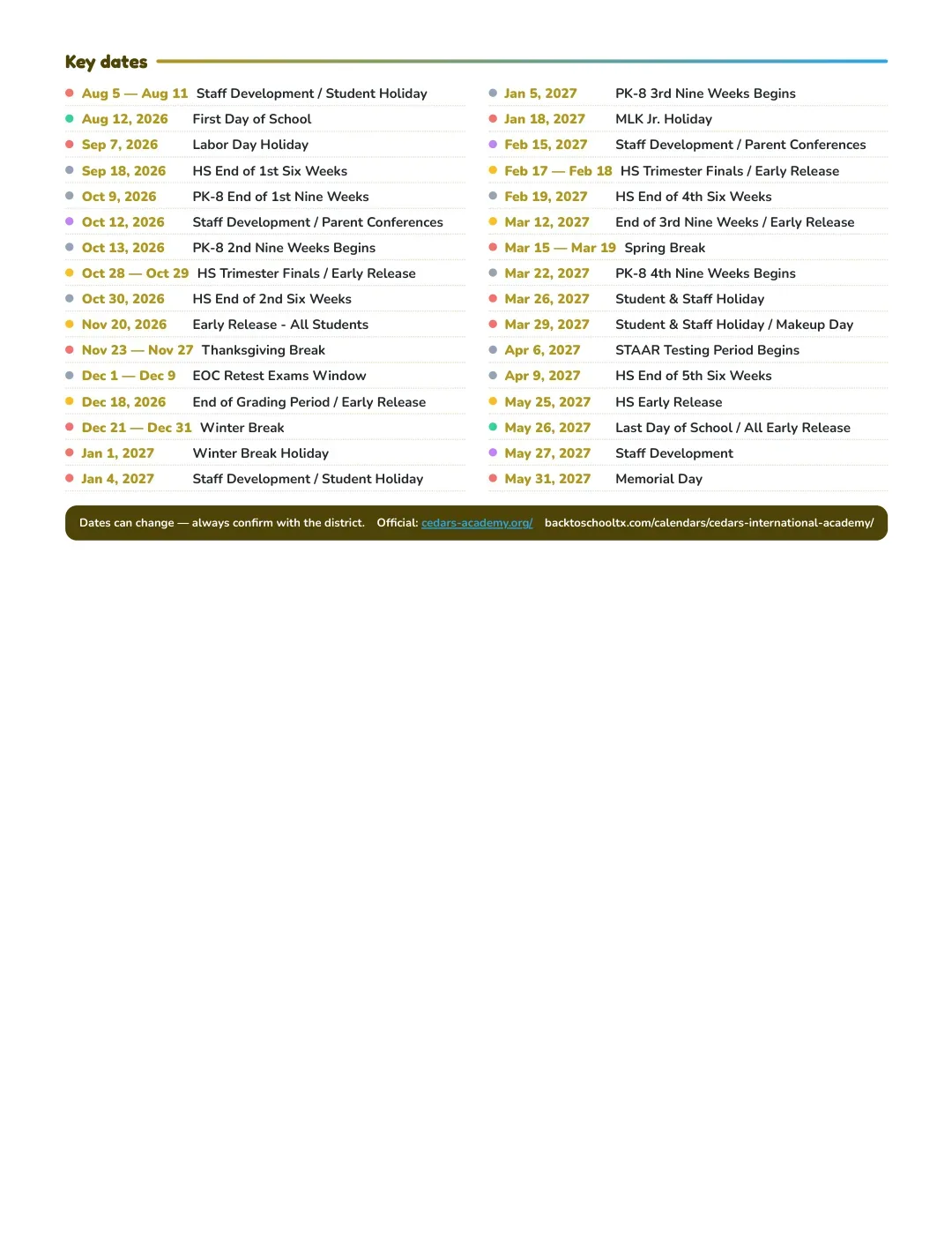 Cedars International Academy Calendar for the Year 26-27 — key dates
