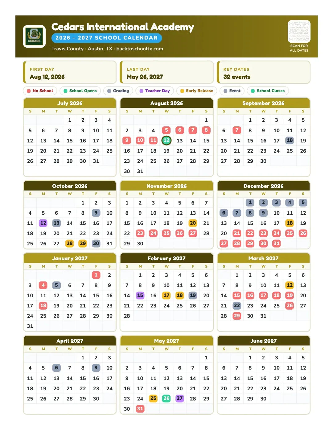 Cedars International Academy Calendar for the Year 26-27