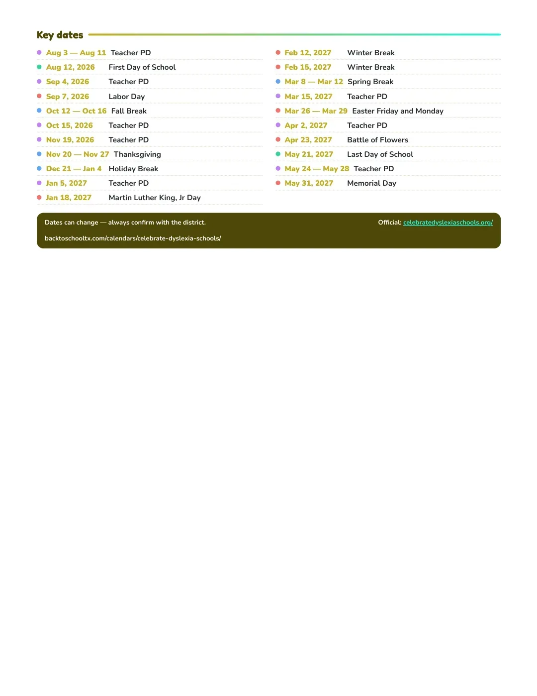 Celebrate Dyslexia Schools Calendar for the Year 26-27 — key dates