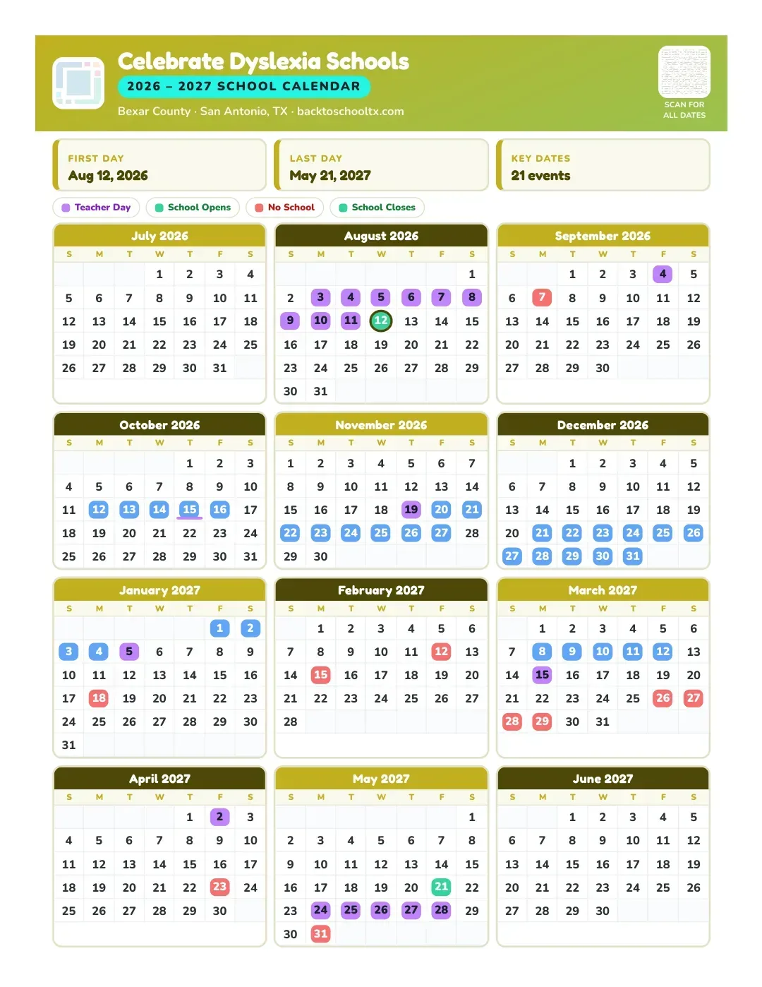Celebrate Dyslexia Schools Calendar for the Year 26-27
