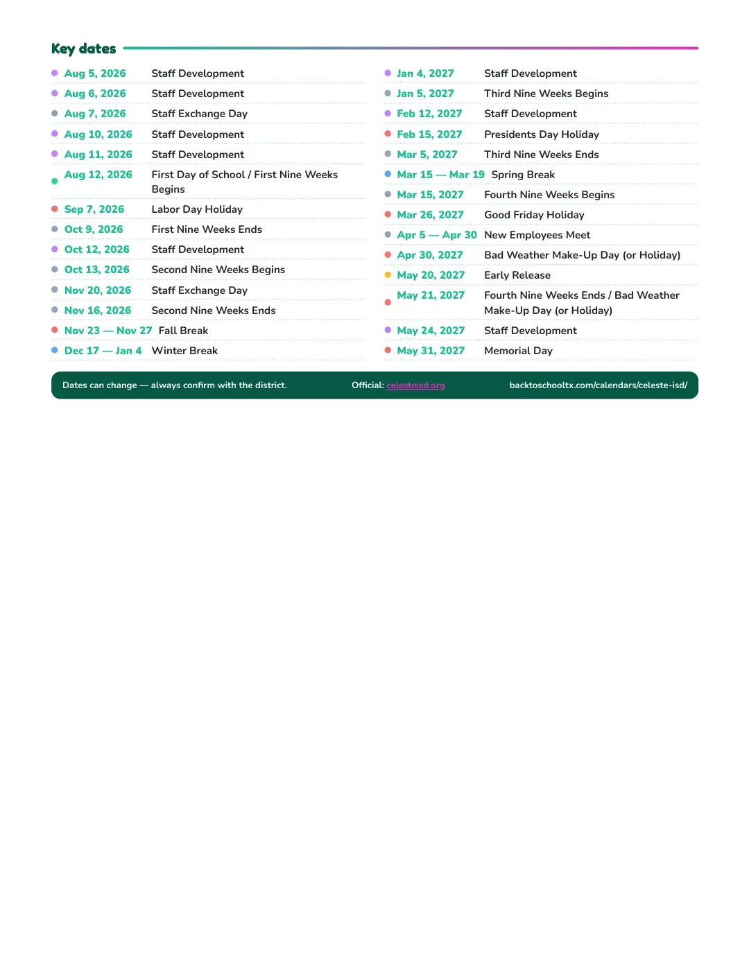 Celeste ISD Calendar for the Year 26-27 — key dates