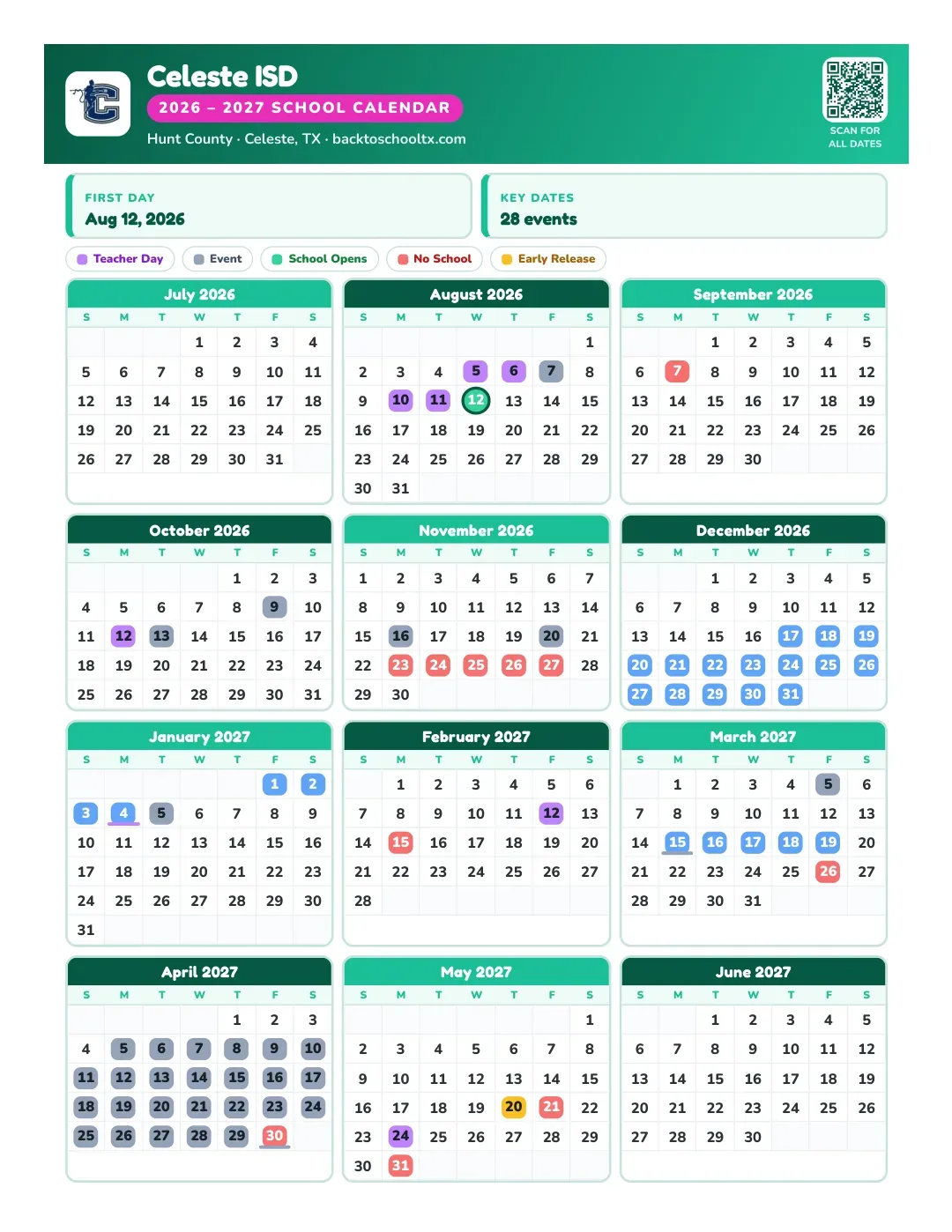 Celeste ISD Calendar for the Year 26-27