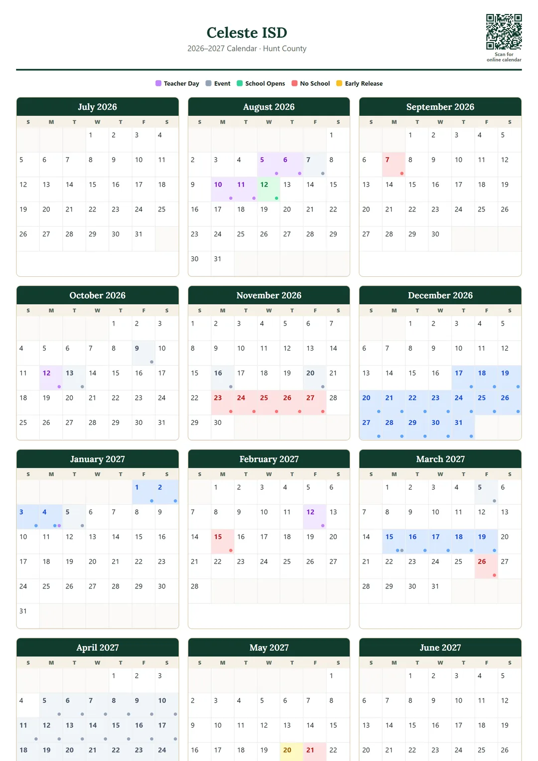 Celeste ISD printable 2026–2027 calendar