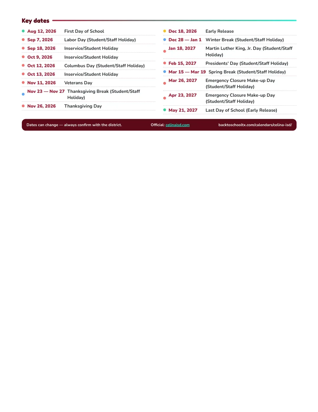 Celina ISD Calendar for the Year 26-27 — key dates