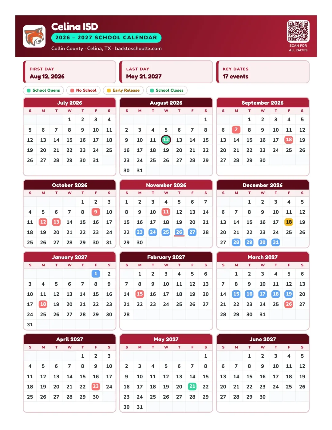 Celina ISD Calendar for the Year 26-27