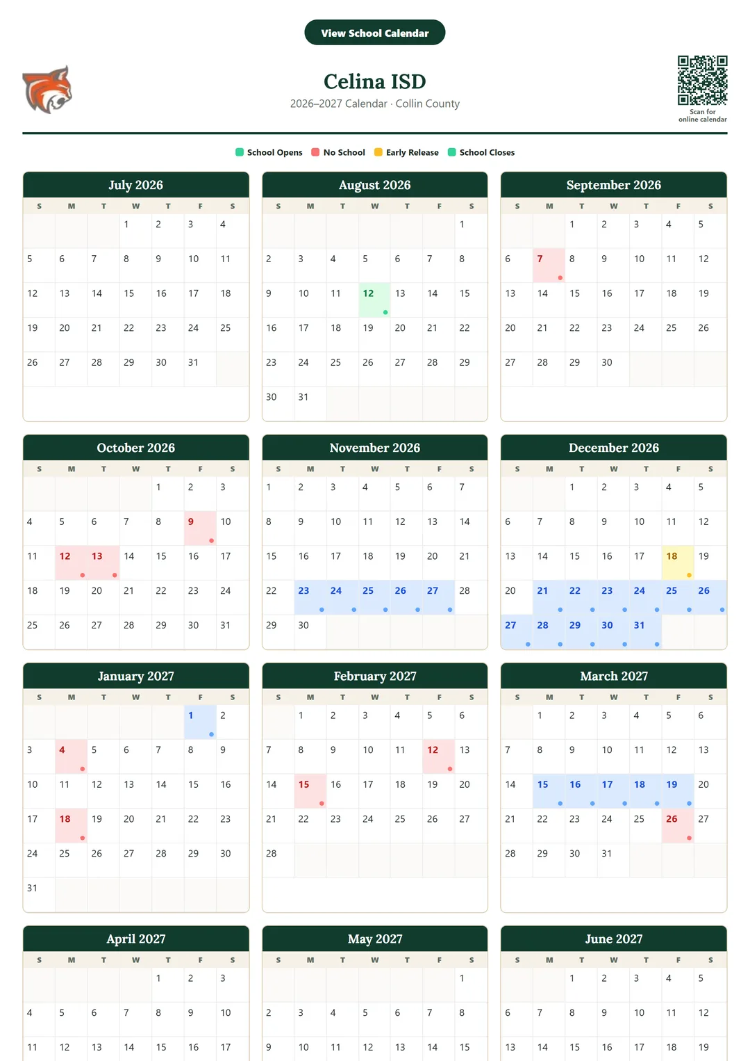 Celina ISD printable 2026–2027 calendar