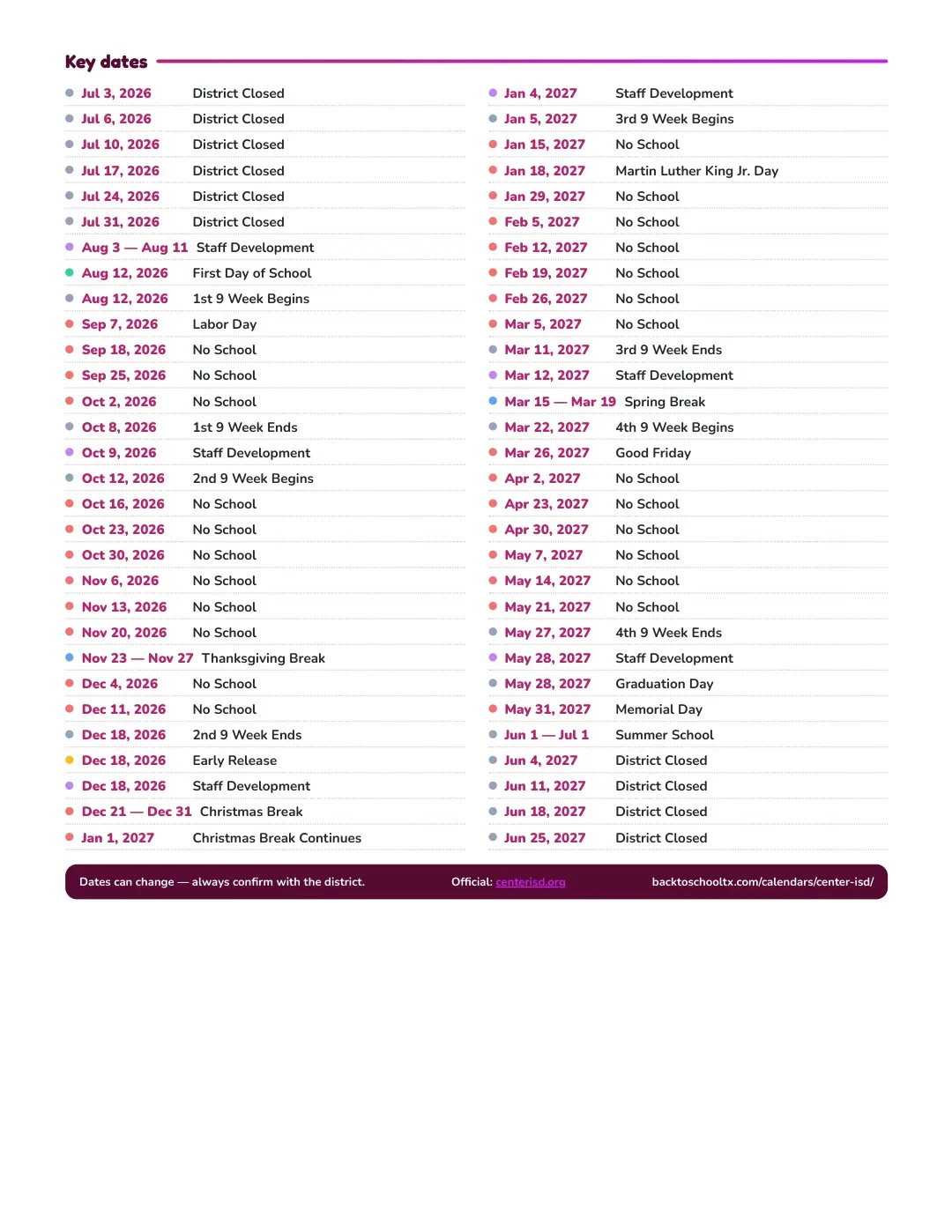 Center ISD Calendar for the Year 26-27 — key dates