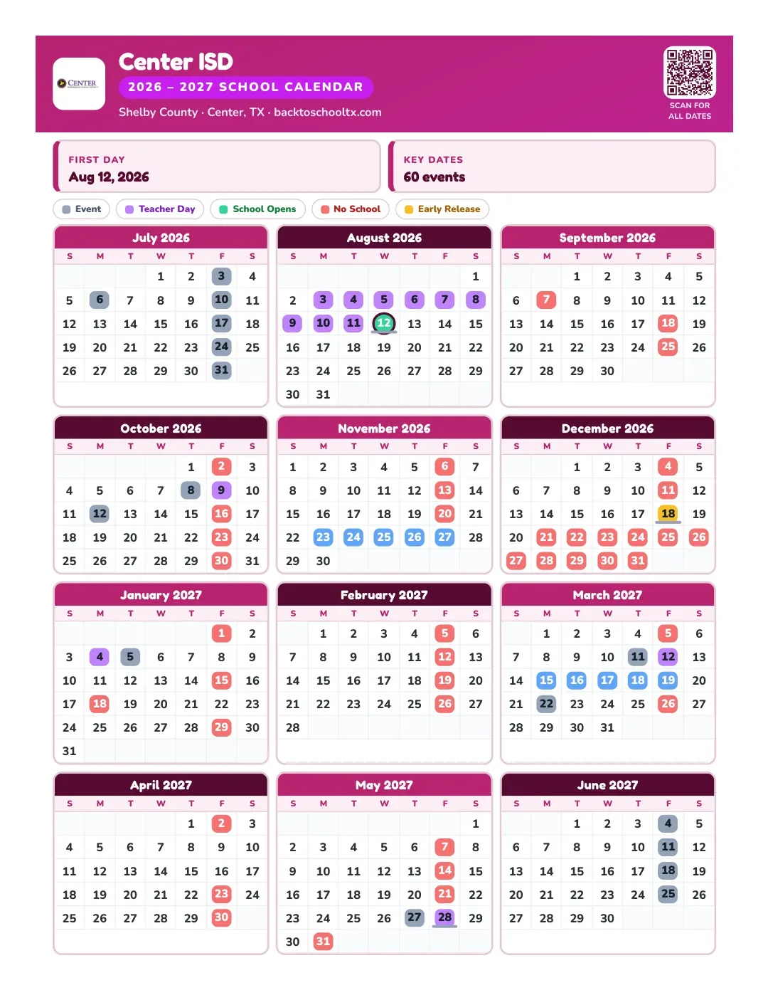 Center ISD Calendar for the Year 26-27
