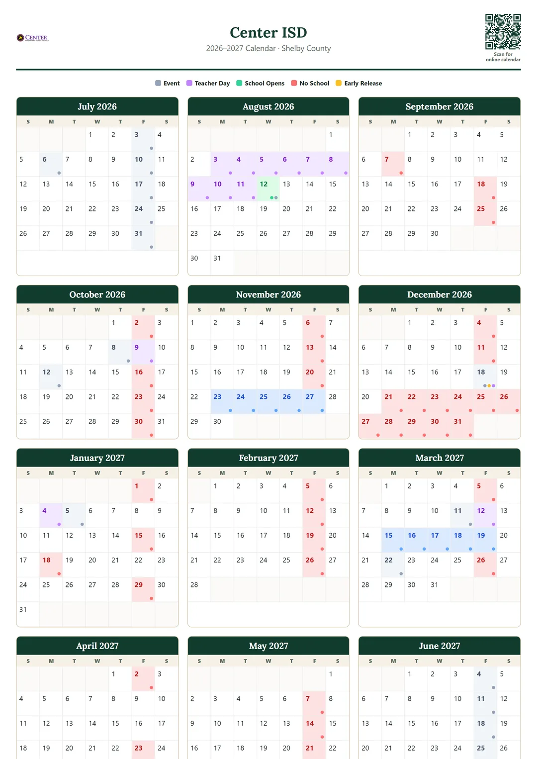 Center ISD printable 2026–2027 calendar