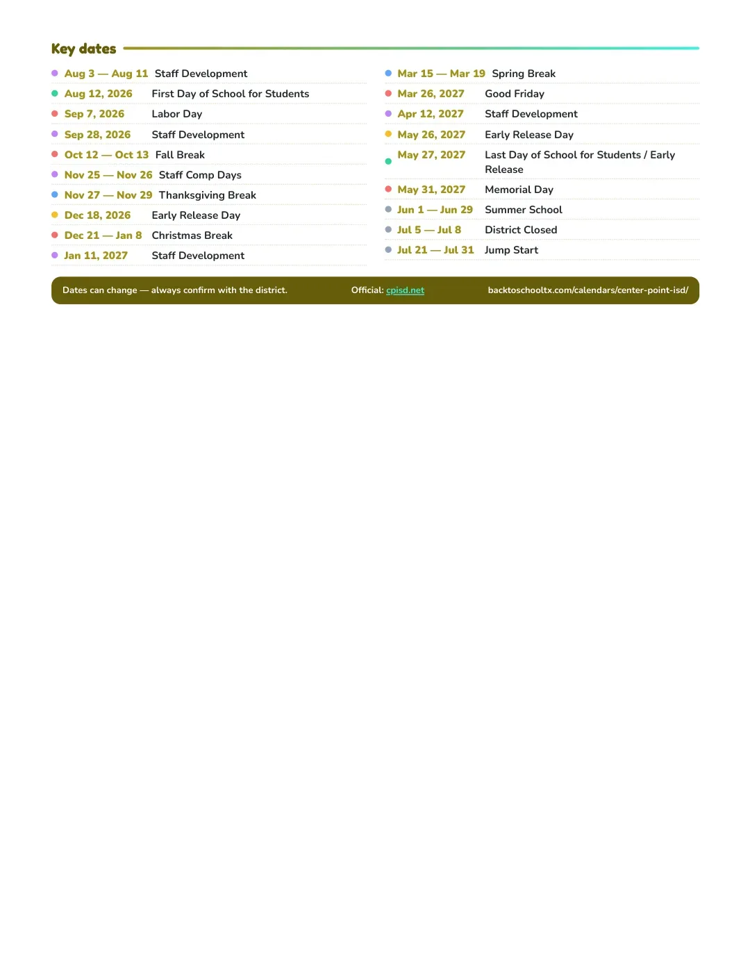 Center Point ISD Calendar for the Year 26-27 — key dates