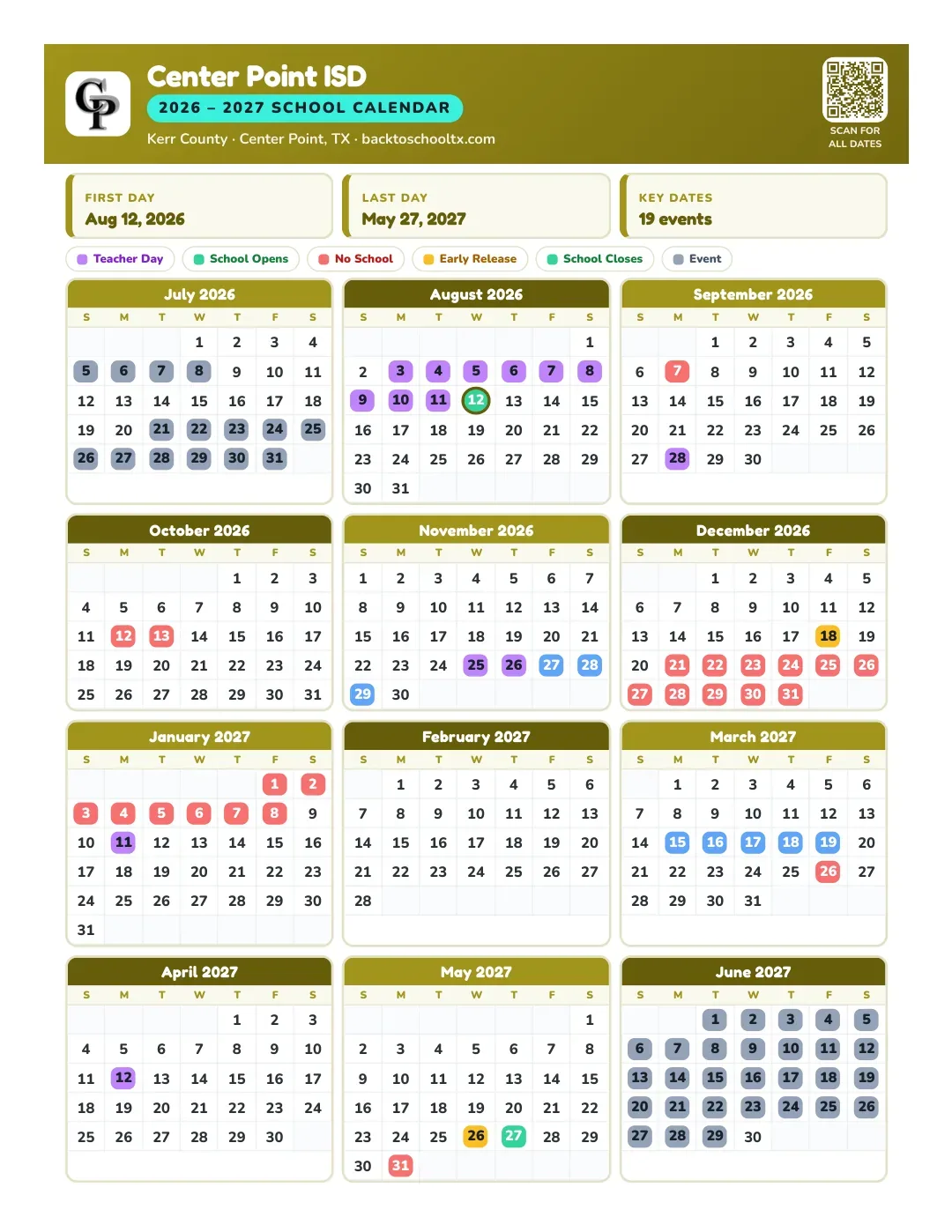 Center Point ISD Calendar for the Year 26-27