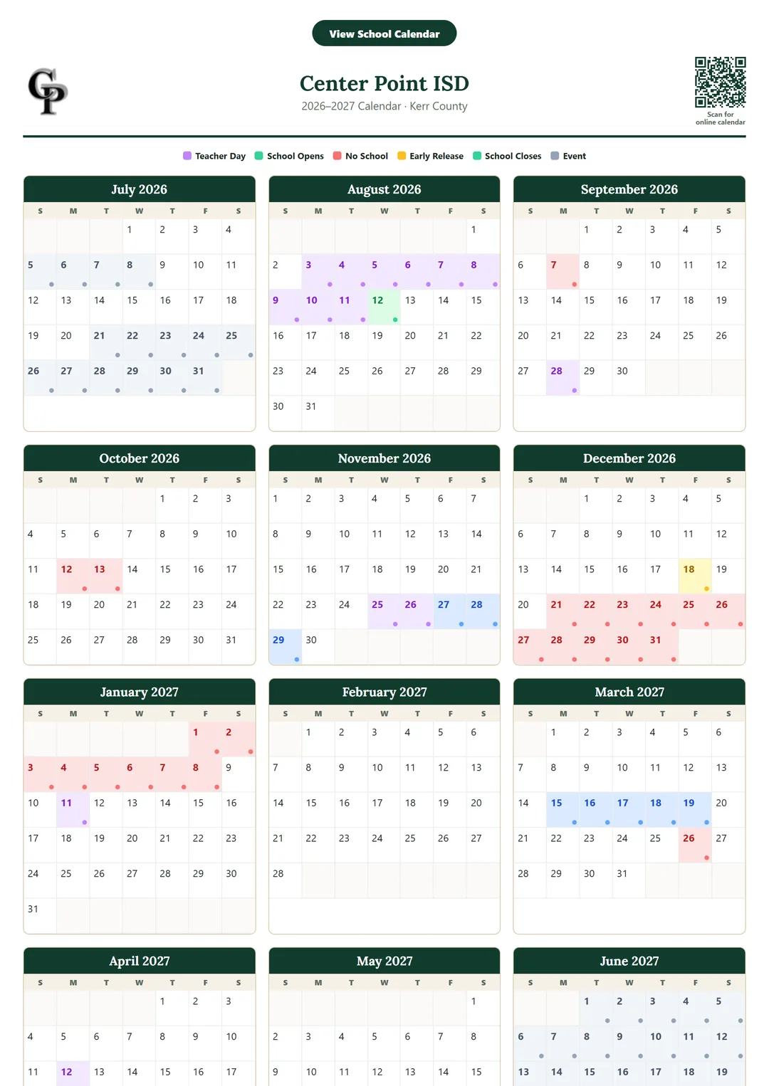 Center Point ISD printable 2026–2027 calendar