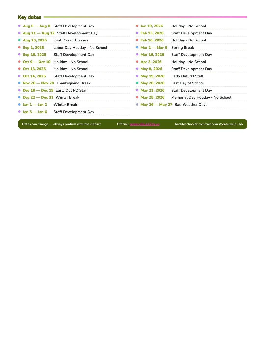 Centerville ISD Calendar for the Year 26-27 — key dates