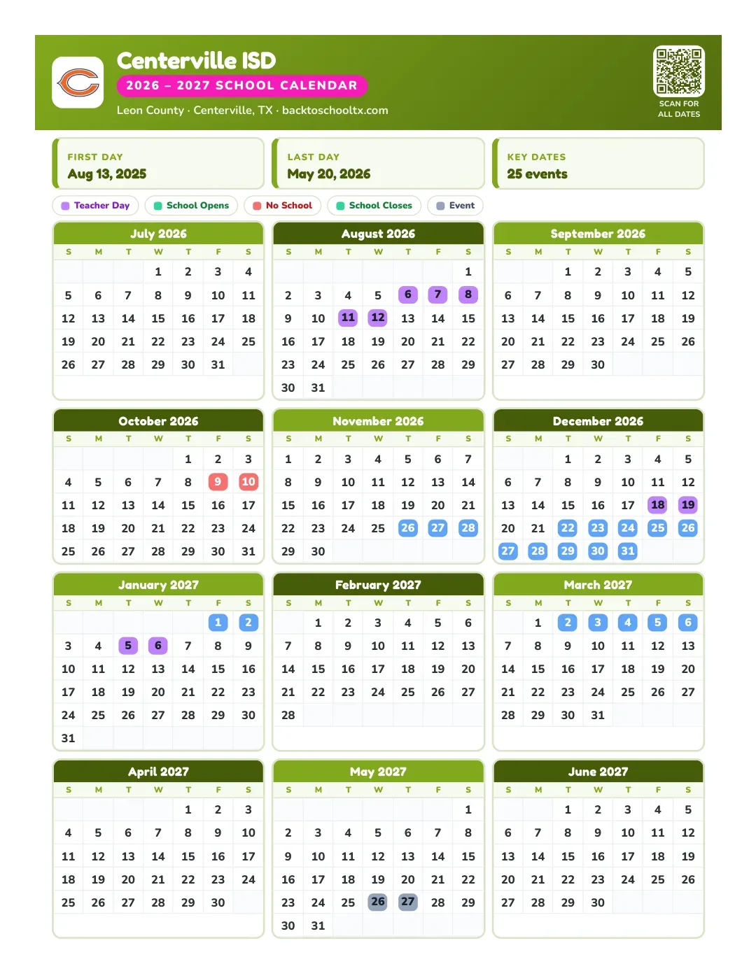 Centerville ISD Calendar for the Year 26-27