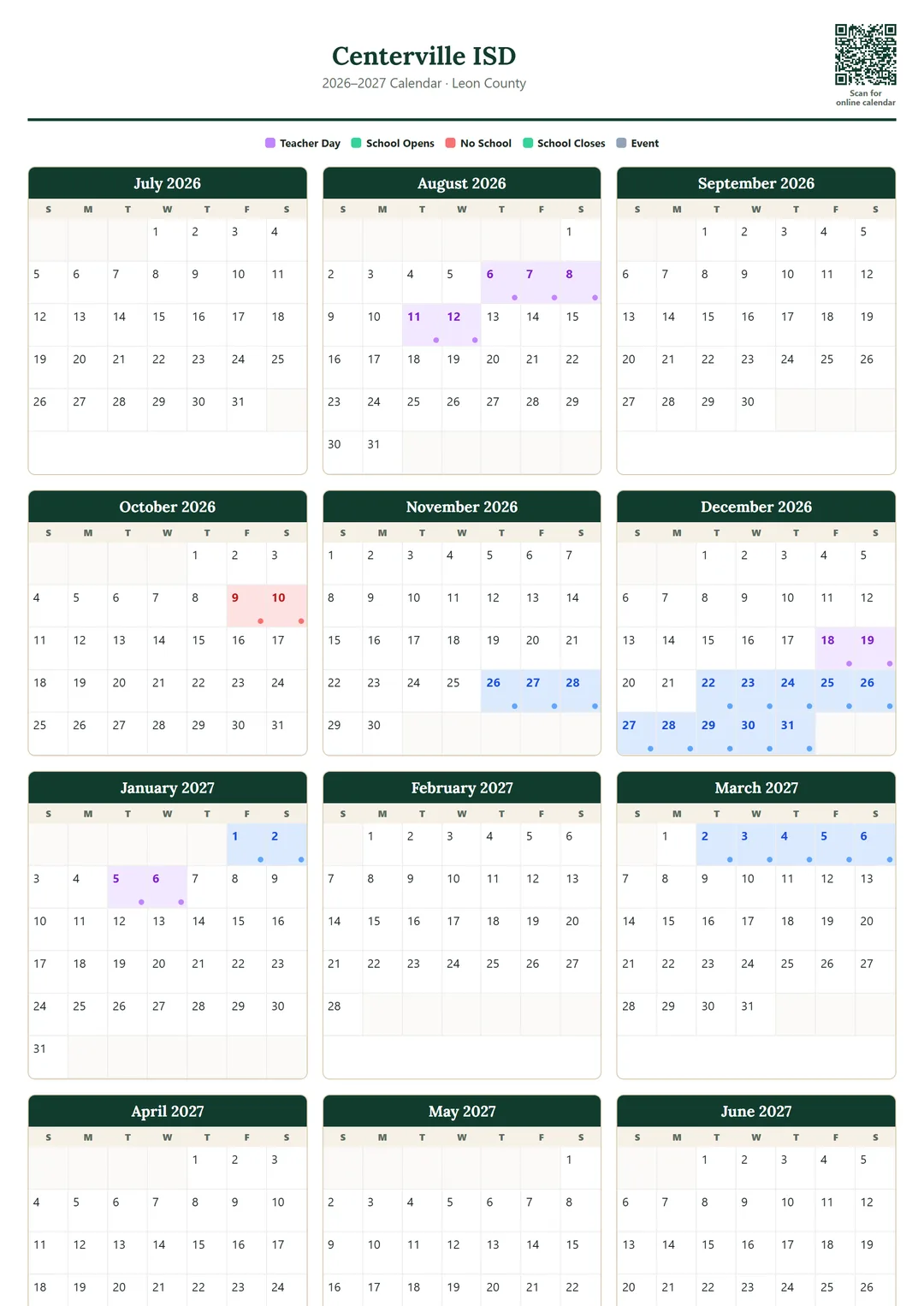 Centerville ISD printable 2026–2027 calendar