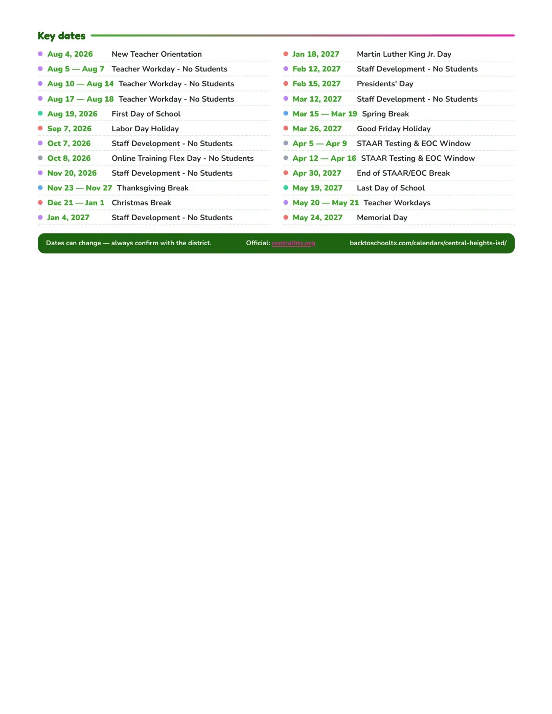 Central Heights ISD Calendar for the Year 26-27 — key dates
