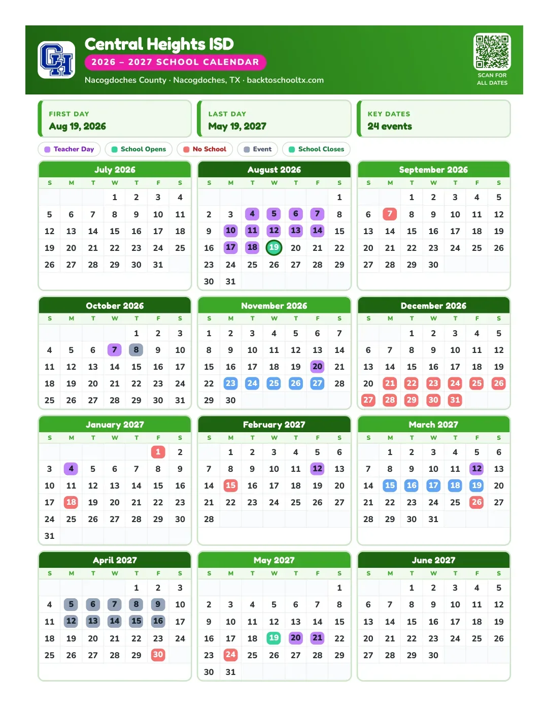 Central Heights ISD Calendar for the Year 26-27