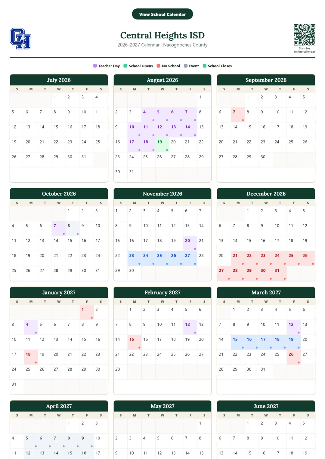 Central Heights ISD printable 2026–2027 calendar