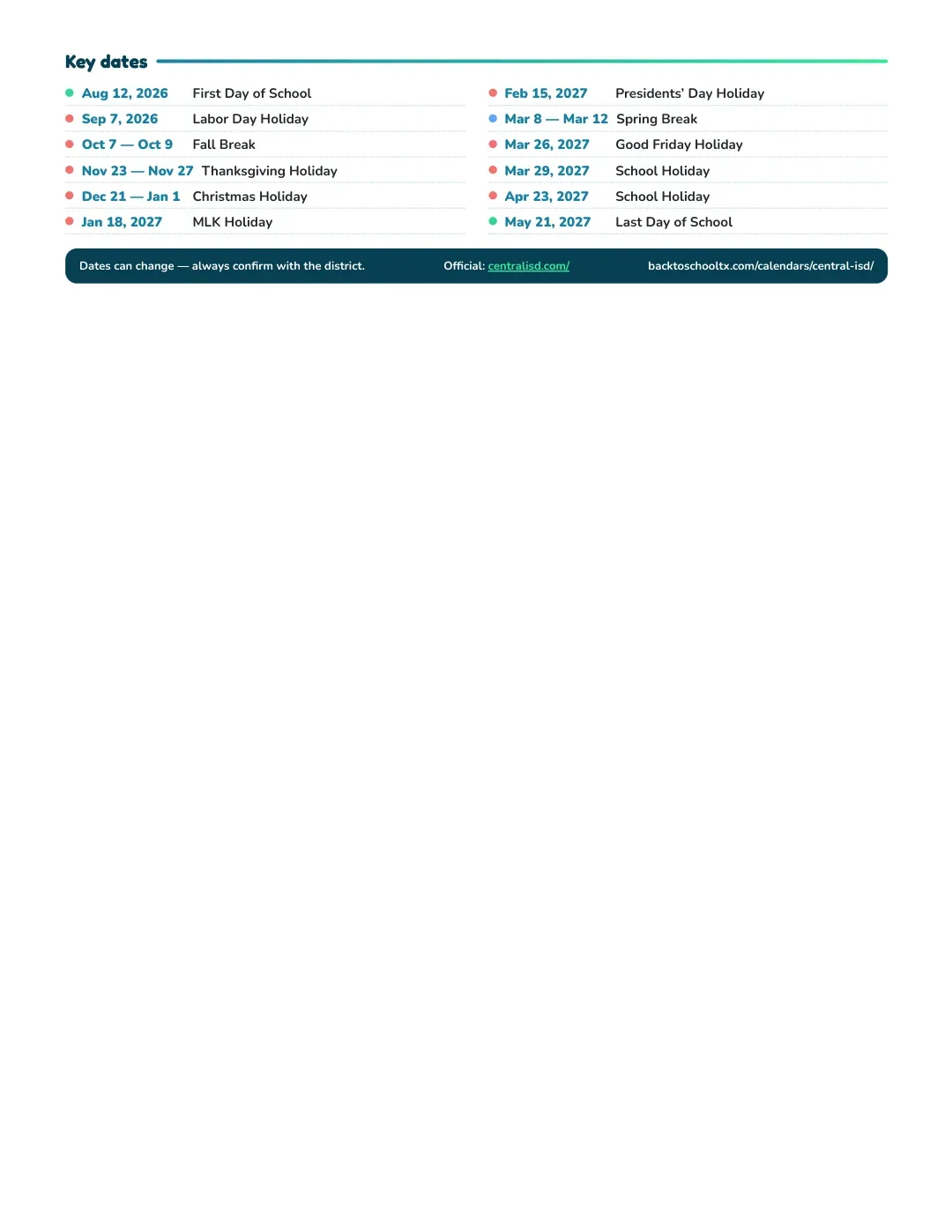 Central ISD Calendar for the Year 26-27 — key dates