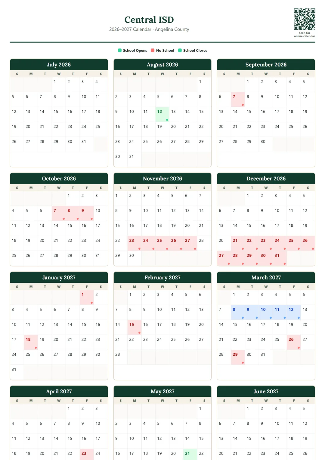 Central ISD printable 2026–2027 calendar