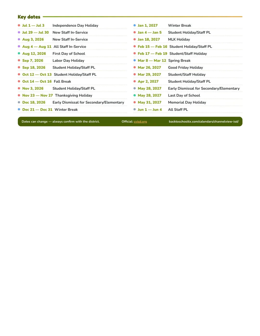 Channelview ISD Calendar for the Year 26-27 — key dates