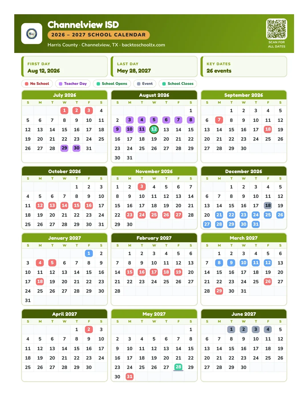 Channelview ISD Calendar for the Year 26-27