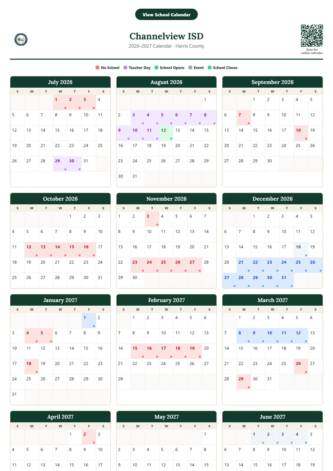 Channelview ISD printable 2026–2027 calendar