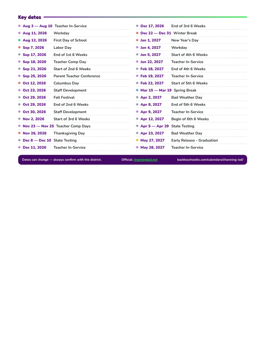 Channing ISD Calendar for the Year 26-27 — key dates