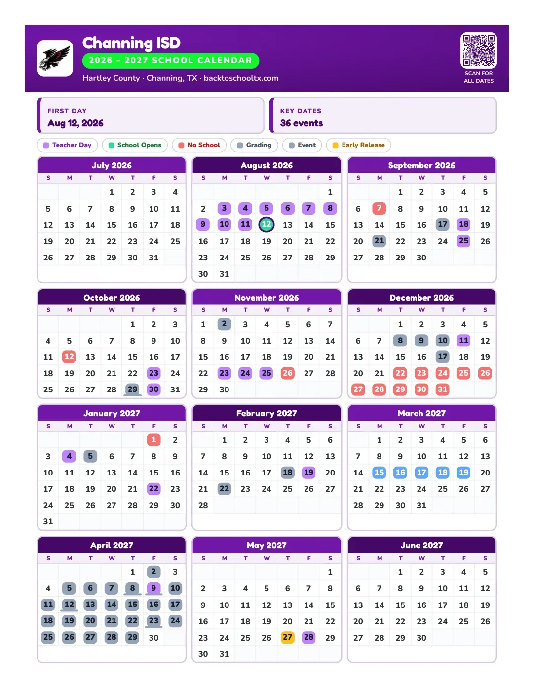 Channing ISD Calendar for the Year 26-27