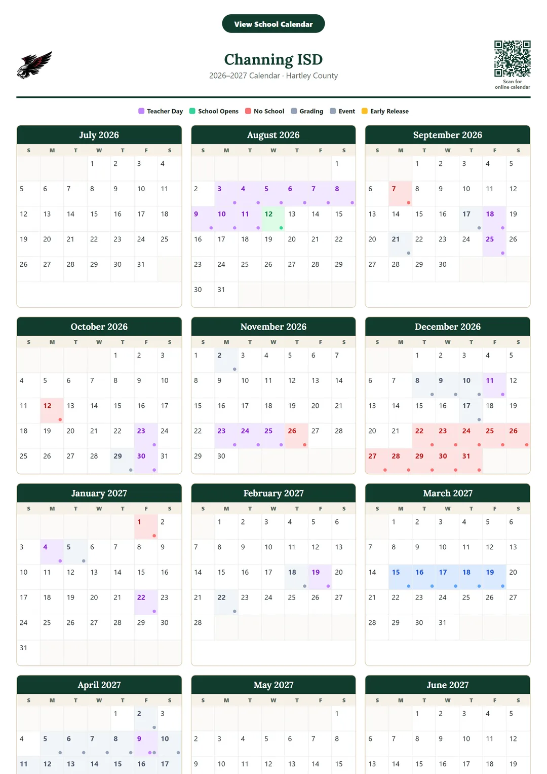 Channing ISD printable 2026–2027 calendar