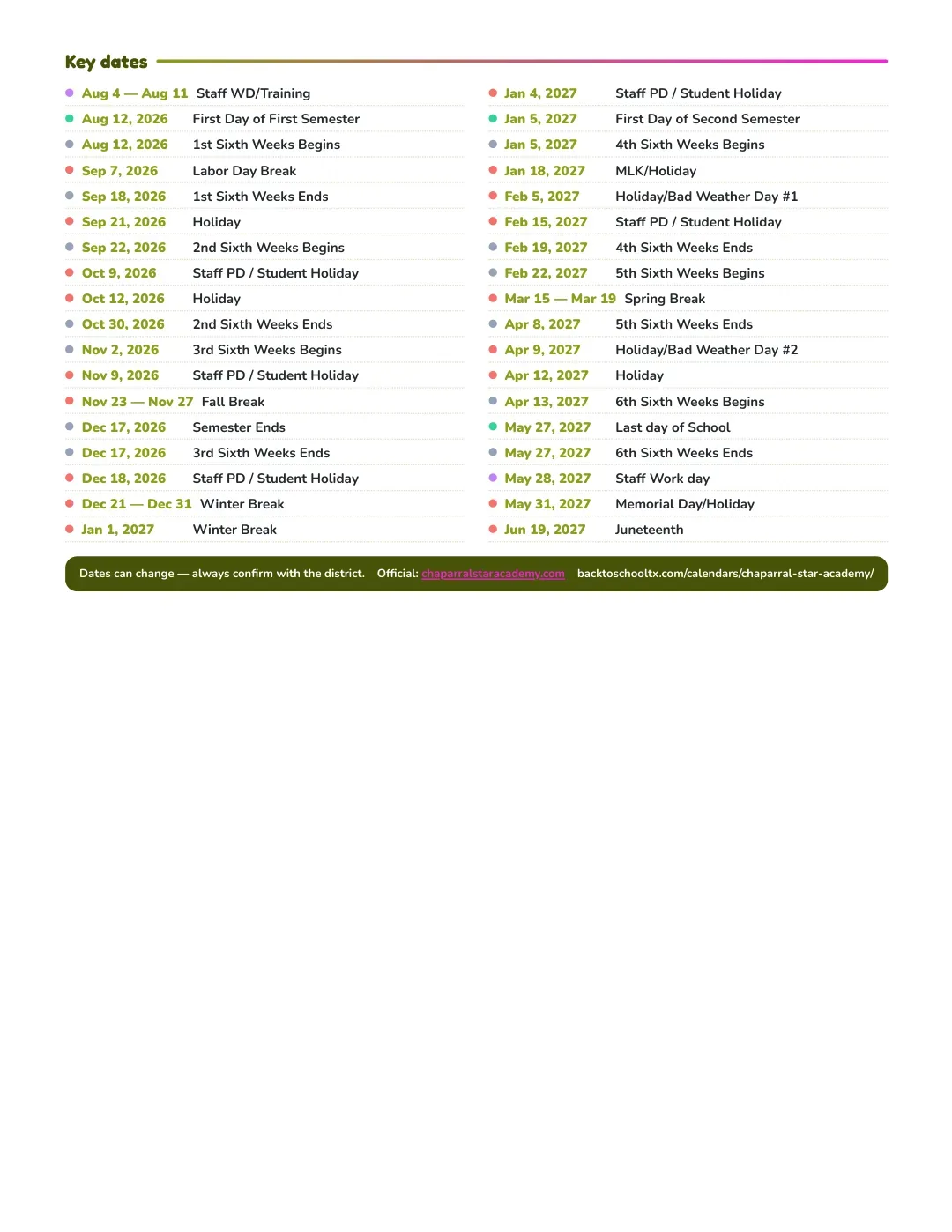 Chaparral Star Academy Calendar for the Year 26-27 — key dates