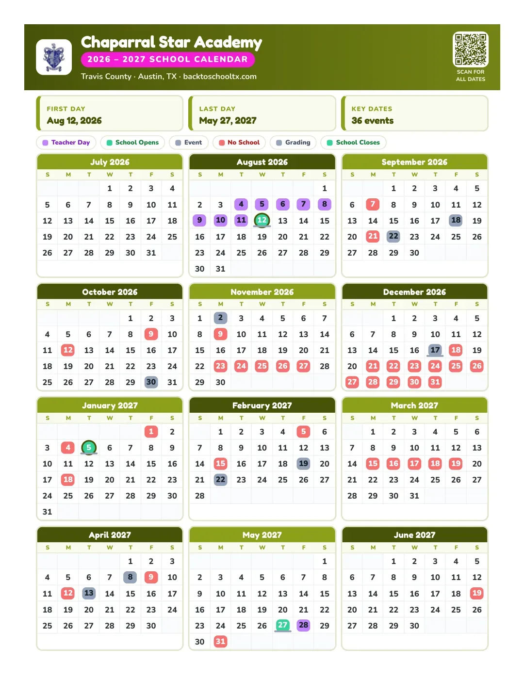 Chaparral Star Academy Calendar for the Year 26-27