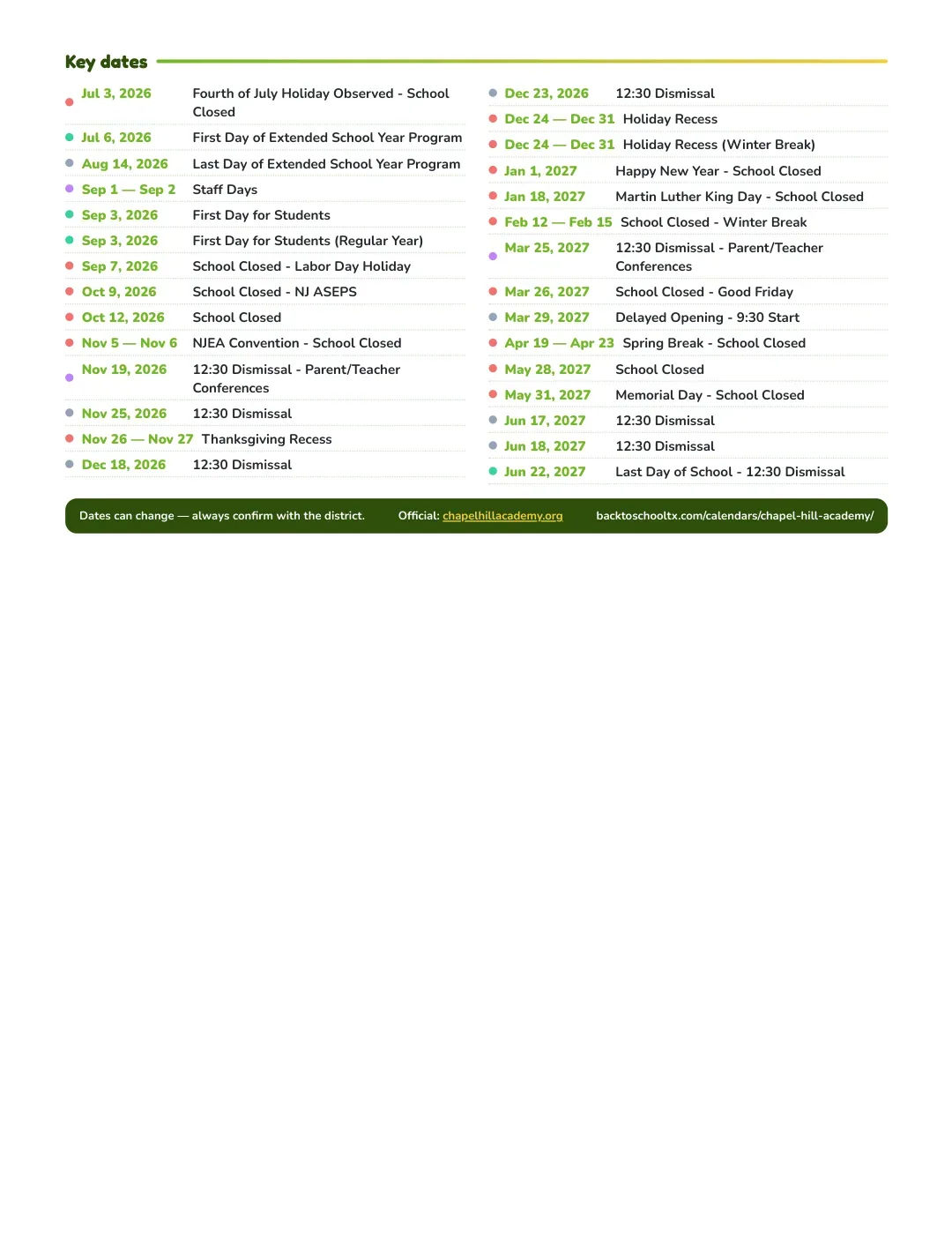 Chapel Hill Academy Calendar for the Year 26-27 — key dates