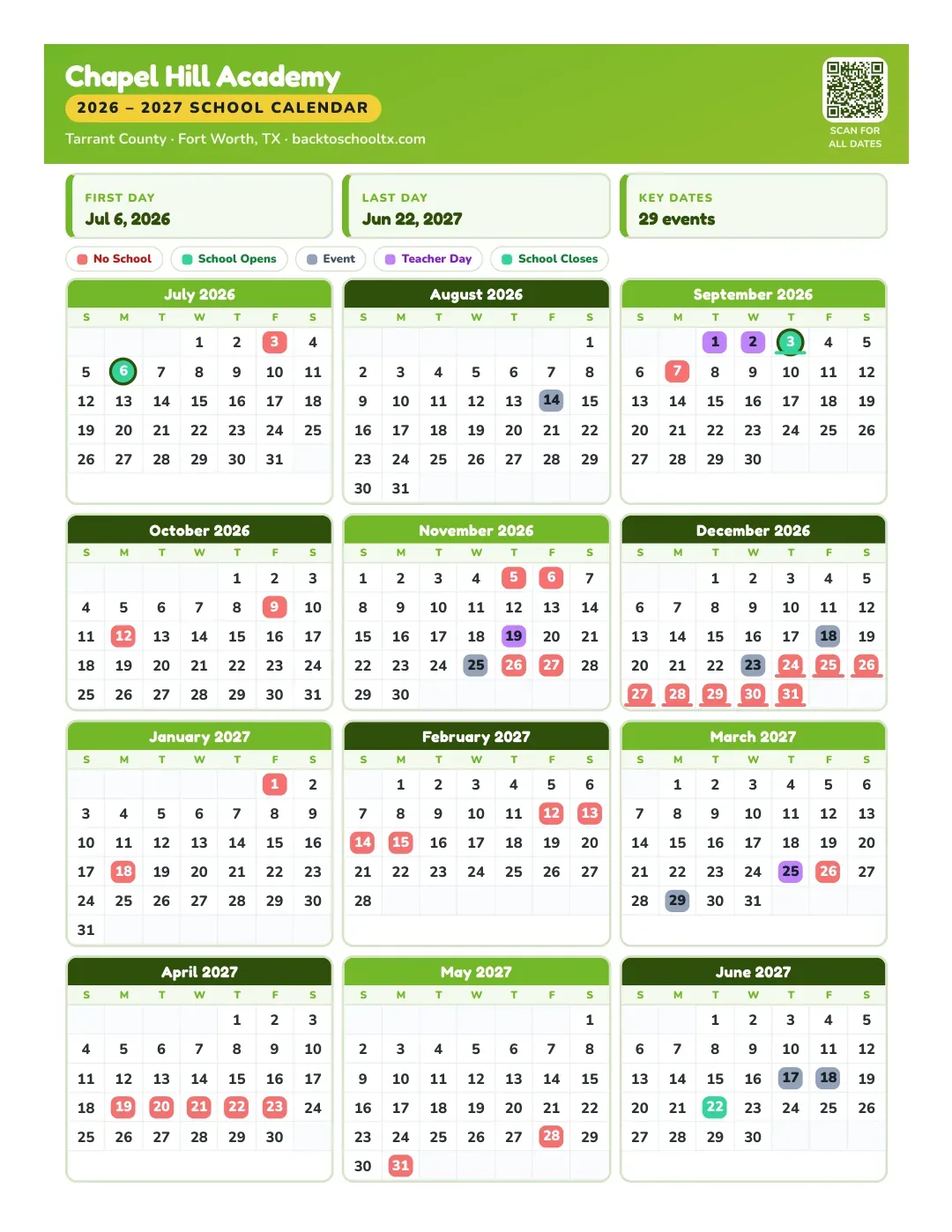 Chapel Hill Academy Calendar for the Year 26-27