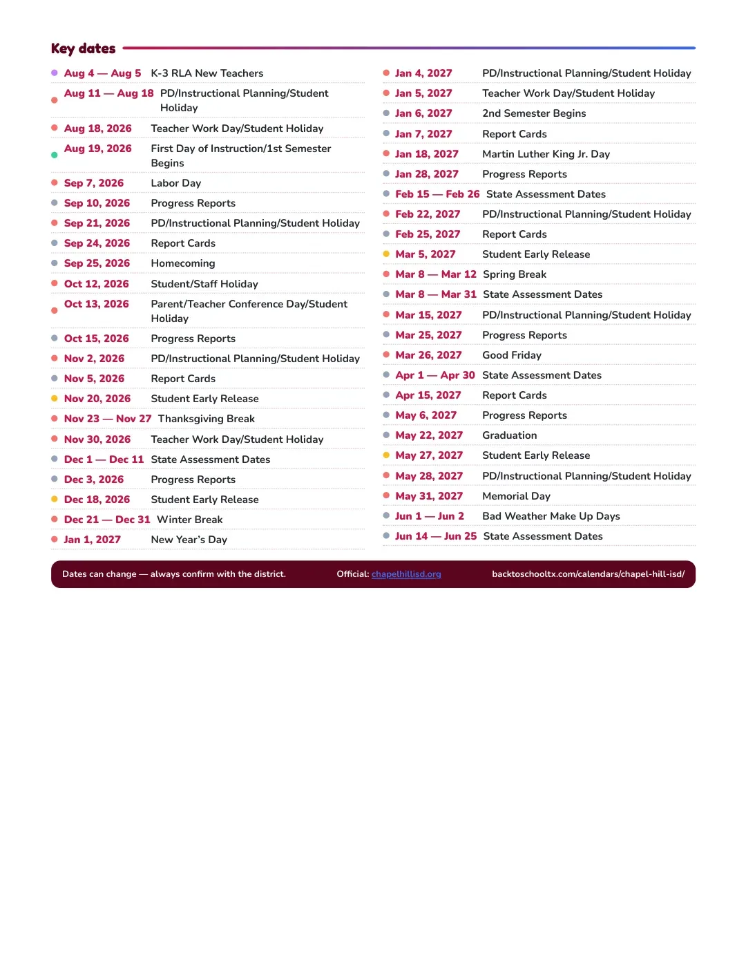 Chapel Hill ISD Calendar for the Year 26-27 — key dates