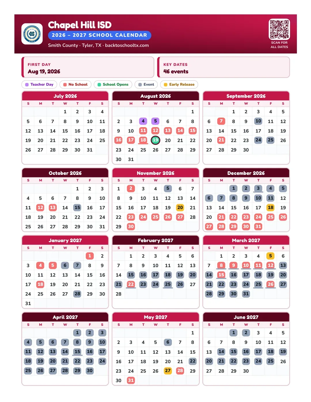 Chapel Hill ISD Calendar for the Year 26-27
