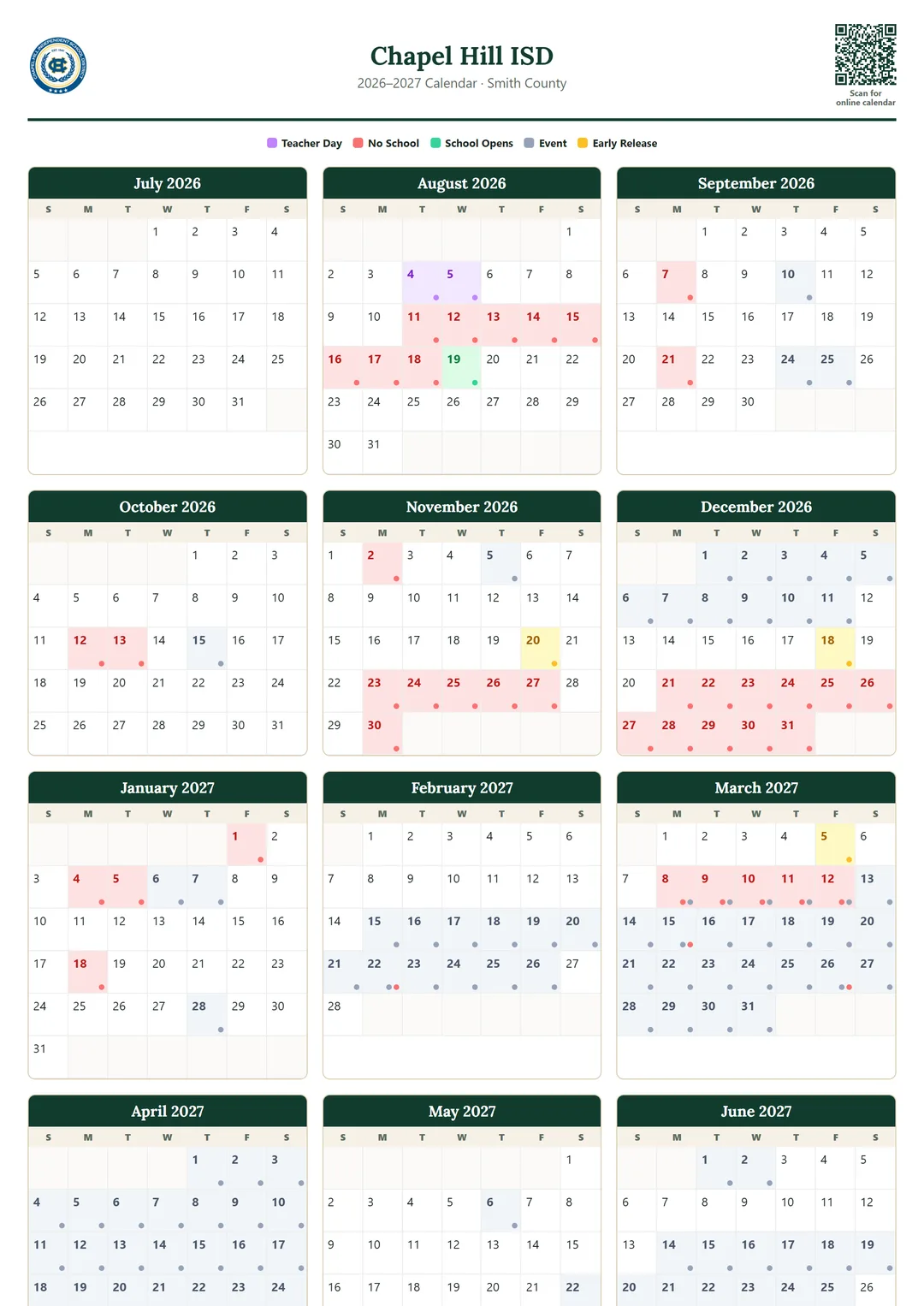 Chapel Hill ISD printable 2026–2027 calendar