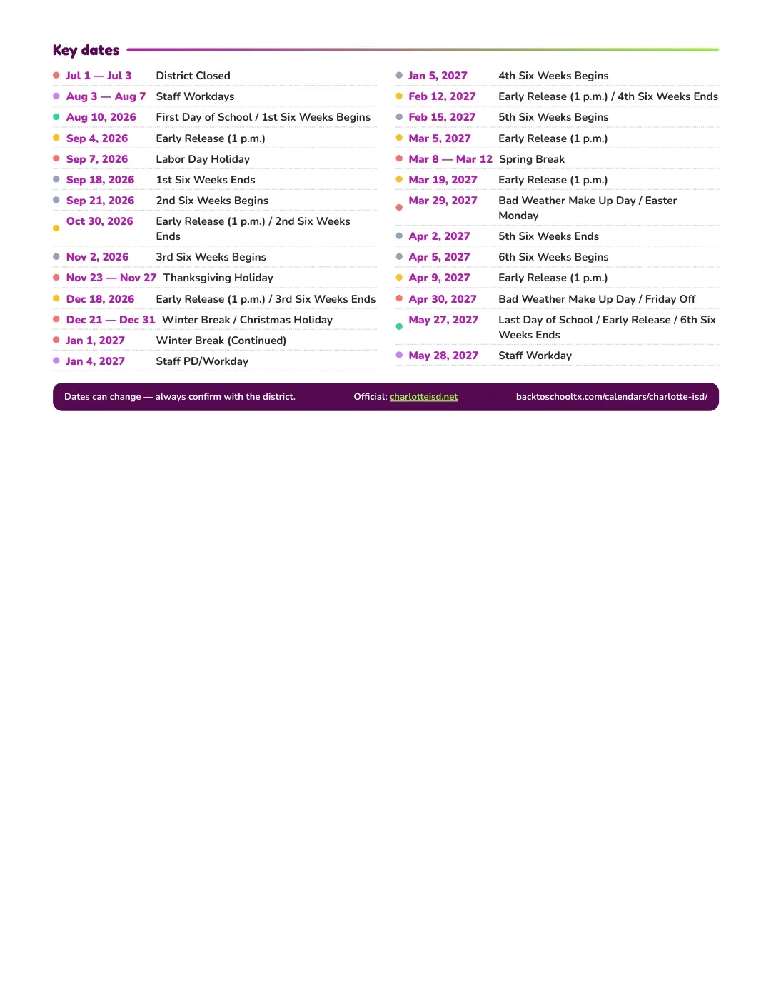 Charlotte ISD Calendar for the Year 26-27 — key dates