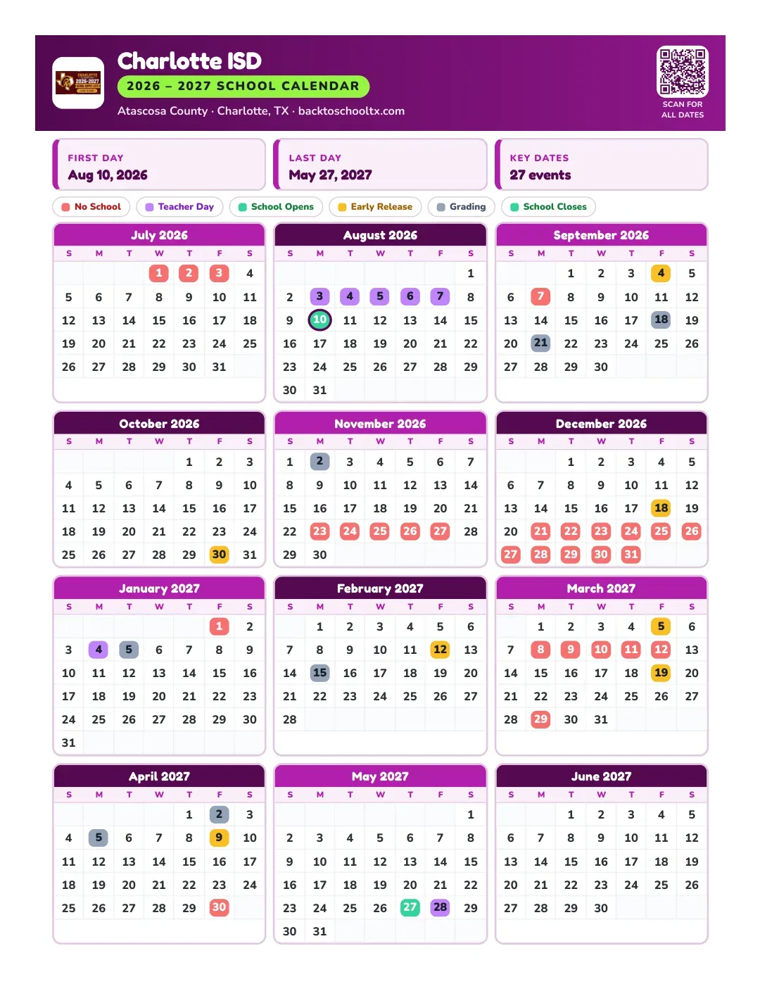 Charlotte ISD Calendar for the Year 26-27